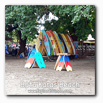 Boogie board, surf board, and inner tubes, available for rent in Batu Karas beach, Pangandaran.