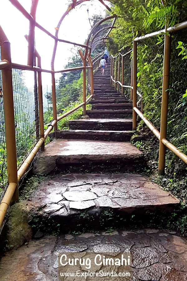 A wet and slippery section of the 500+ steps at Curug Cimahi (Rainbow Waterfall).