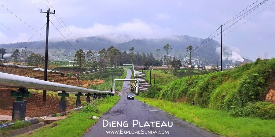 Pipes from the geothermal power plant zigzagging in the mountains of Dieng Plateau. Pipes from the geothermal power plant zigzagging in the mountains of Dieng Plateau.