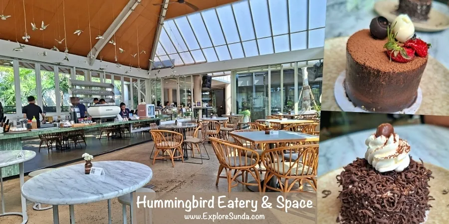Bright, high-ceilinged interior decorated with paper hummingbirds at Hummingbird Eatery & Space, a lovely spot to enjoy a cake or two with friends.