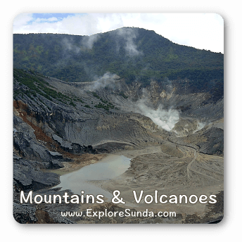 Mountains, active volcanoes, and craters in the land of Sunda.