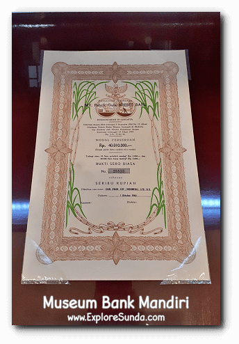 One of the stocks issued in 1960 by N.V. Pabrik Gula Krebet Baru displayed in Museum Bank Mandiri at Kota Tua Jakarta.